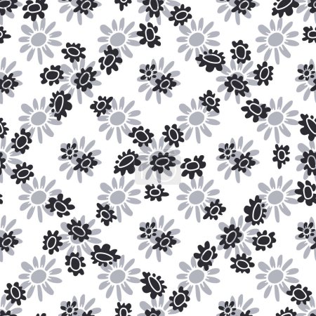 Illustration for Monochrome seamless pattern with abstract retro wild flower blooms on gray background. Vintage ditsy floral digital paper - Royalty Free Image