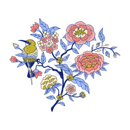 Bunte Blumen Chinoiserie Vogel anf senkt Motive isoliert auf weißem Hintergrund. Abstrakter handgezeichneter botanischer Druck.