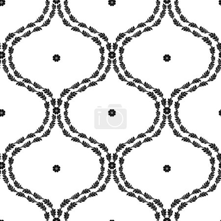 Motif sans couture avec motifs ogee floraux noirs géométriques sur un fond blanc. Papier peint monochrome classique abstrait répétition.