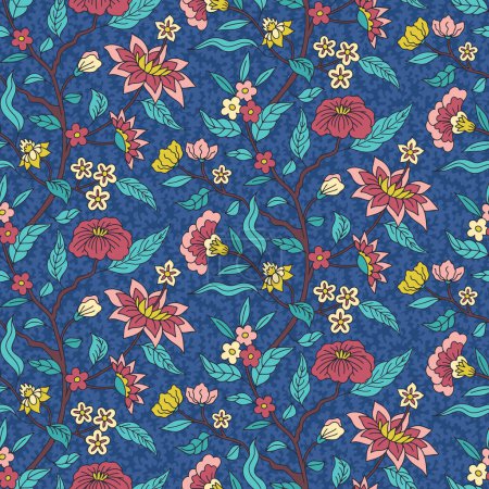Floral seamless pattern with indian trailing flowers motifs. Persian boho chic repeat background. Tribal textile print.