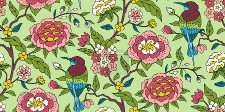 Nahtloses Muster mit farbenfrohen Chinoiserie handgezeichneten Blumen und Vogelmotiven. Florale Tapete mit Ornament im chinesischen Stil.