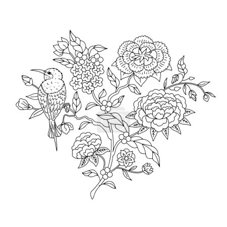 Monochrom schwarz-weiß florale Chinoiserie Vogel anf senkt Motive isoliert auf weißem Hintergrund. Abstrakter handgezeichneter botanischer Druck.