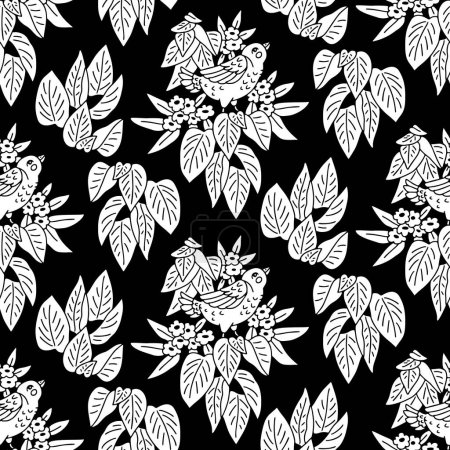Illustration for Seamless pattern with black and white hand drawn cute bird and flowers motifs. Retro monochrome style floral wallpaper - Royalty Free Image