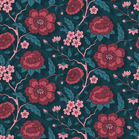 Illustration for Seamless pattern with colorful chinoiserie hand drawn motifs. Floral wallpaper with chinese style ornament. - Royalty Free Image