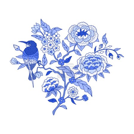 Illustration for Monochrome blue floral chinoiserie bird anf lowers motifs isolated on white background. Abstract hand drawn botanical print. - Royalty Free Image