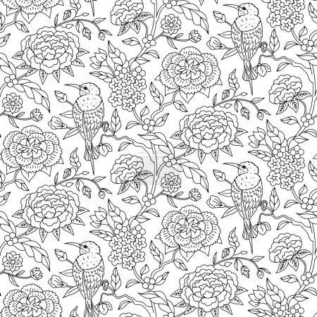 Nahtloses Muster mit monochromen schwarz-weißen Chinoiserie-handgezeichneten Blumen und Vogelmotiven. Florale Tapete mit Ornament im chinesischen Stil.