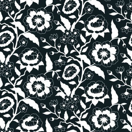 Illustration for Seamless pattern with monochrome chinoiserie hand drawn motifs. Floral wallpaper with black and white chinese style ornament. - Royalty Free Image