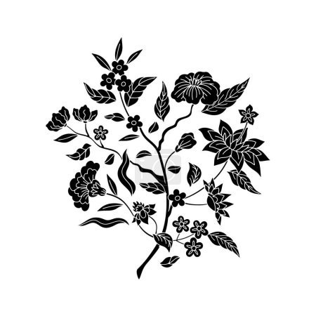 Illustration for Monochrome black and white chinoiserie hand drawn motif. Floral print with orintal folk ornament. - Royalty Free Image