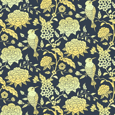 Nahtloses Muster mit monochromen goldenen Chinoiserie-handgezeichneten Blumen und Vogelmotiven. Florale Tapete mit indischem Ornament.