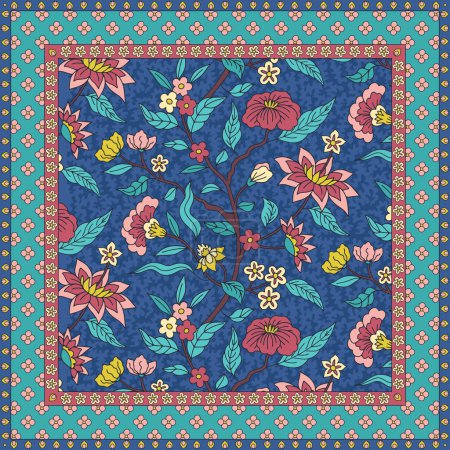 Illustration for Scarf design with ethnic indian trailing flowers motifs. Persian boho chic floral background. Tribal textile print. - Royalty Free Image
