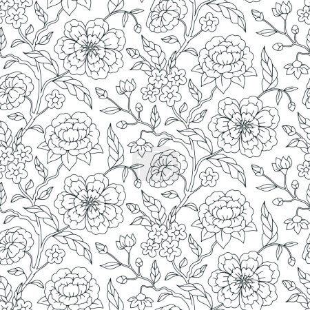 Seamless pattern with monochrome chinoiserie hand drawn motifs. Floral wallpaper with black and white chinese style ornament.