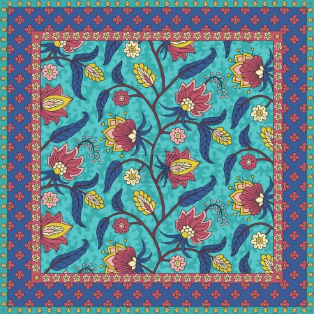 Illustration for Scarf design with ethnic indian trailing flowers motifs. Persian boho chic floral background. Tribal textile print. - Royalty Free Image