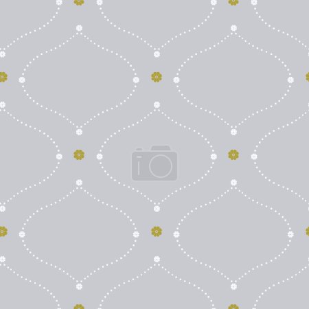 Seamless pattern with white floral ogee geometrical motifs on a gray background. Minimalist classic abstract repeat wallpaper.