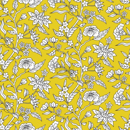 Illustration for Seamless pattern with monochrome black and white chinoiserie hand drawn motifs on yellow backgdrop. Floral wallpaper with orintal folk style ornament. - Royalty Free Image