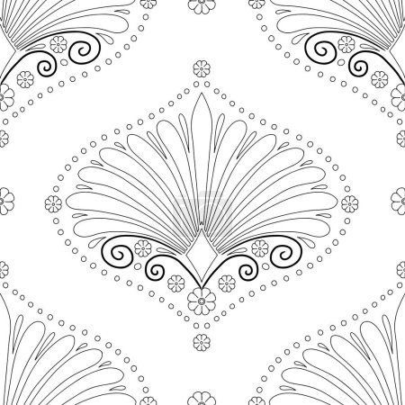 Seamless pattern with black and white monochrome floral ogee and anthemion geometrical motifs on a white background. Minimalist classic abstract repeat wallpaper.