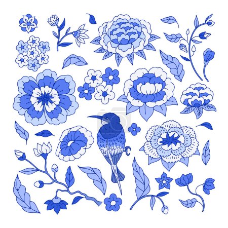 Set von einfarbig blauen Blumen im Chinoiserie-Stil isoliert auf weißem Hintergrund. Abstrakte handgezeichnete botanische Clip-Art-Elemente bündeln.