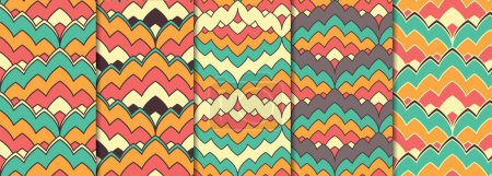 5 Seamless patterns set with geometric flame stitch style motifs. Bright retro stripes repeat wallpapers bundle. Classic Italian zig zag decorative backgrounds for fabric