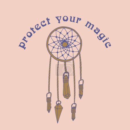 Ilustración de Mystical quote Protect your Magic with dream catcher. Spiritual social media post template - Imagen libre de derechos