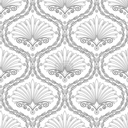 Motif sans couture avec ogee florale monochrome noir et blanc et motifs géométriques d'anthème sur un fond blanc. Minimaliste classique abstrait répéter papier peint.