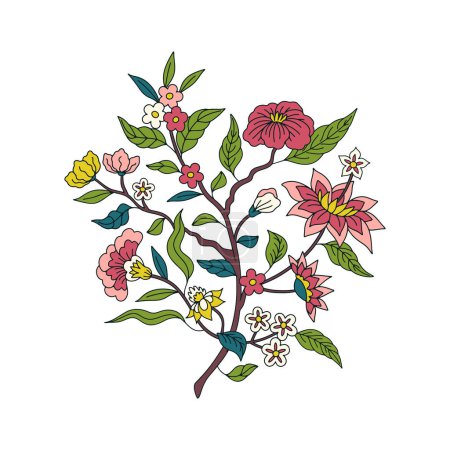 Pink chinoiserie hand drawn motif. Floral print with orintal folk ornament.