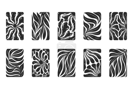 Ilustración de Ilustración vectorial con hojas negras abstractas, flores e iconos de ramas aislados sobre fondo blanco. Plantillas de diseño floral moderno para impresión de póster, folleto, tarjeta - Imagen libre de derechos