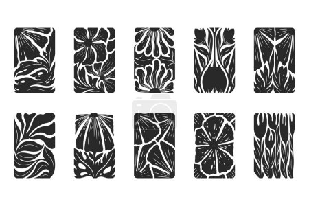 Ilustración de Ilustración vectorial con flores negras abstractas, hojas e iconos de ramas aislados sobre fondo blanco. Plantillas de diseño floral moderno para impresión de póster, folleto, tarjeta - Imagen libre de derechos