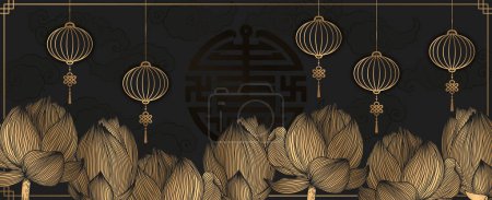 Téléchargez les illustrations : Illustration vectorielle avec nuages dorés, lanternes et fleurs de lotus isolés sur fond noir. Modèle de décoration asiatique traditionnelle pour bannière, impression de carte, affiche, brochure, dépliant - en licence libre de droit