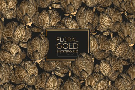Illustration for Vector seamless pattern with gold hand drawn abstract lotus flowers isolated on black background. Luxury design floral illustration template for fashion prints, fabric, wallpaper, card - Royalty Free Image