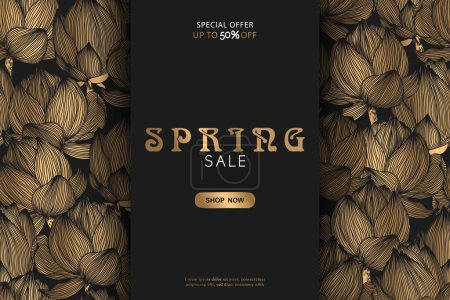 Illustration for Spring sale vector banner template with gold hand drawn abstract lotus flowers pattern isolated on black background. Illustration for advertising, promotion, invitation, card, poster - Royalty Free Image