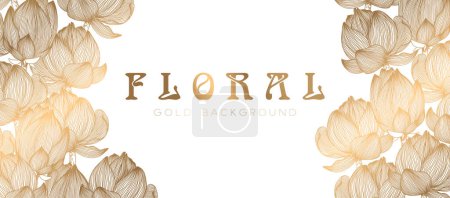 Ilustración de Ilustración vectorial con flores de loto abstractas dibujadas a mano en oro aisladas sobre fondo blanco. Diseño floral de lujo para tarjeta, sitio web, publicidad, promoción, invitación, banner - Imagen libre de derechos