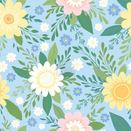 Illustration for Vector seamless pattern with hand drawn abstract flowers, leaves and branches isolated on blue background. Illustration template for fashion prints, fabric, wallpaper, card, invitation - Royalty Free Image