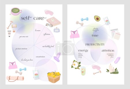 Illustration for Inspiration poster for Self care and productivity. Mental health, psychology, self love and balance life. Editable vector illustration. - Royalty Free Image