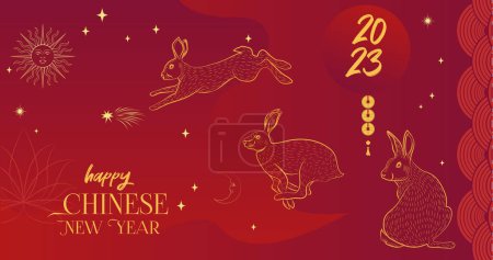 Ilustración de Happy Chinese New Year 2023. Year of the rabbit. Modern trendy illustration. Greeting card, banner, flyer, background. Lunar new year. Editable vector illustration. - Imagen libre de derechos