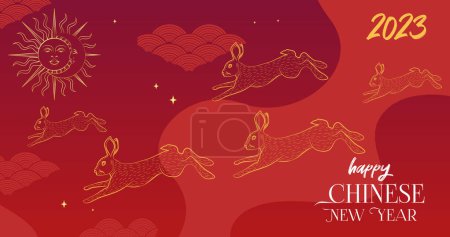 Illustration for Happy Chinese New Year 2023. Year of the rabbit. Modern trendy illustration. Greeting card, banner, flyer, background. Lunar new year. Editable vector illustration. - Royalty Free Image