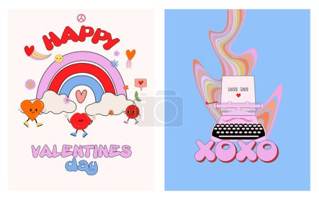 Téléchargez les illustrations : Retro nostalgic greeting cards for St. Valentines day. Romantic poster. Love you card in 70s, 80s, 90s style. Editable vector illustration. - en licence libre de droit