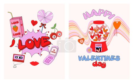 Illustration for Retro nostalgic greeting cards for St. Valentines day. Romantic poster. Love you card in 70s, 80s, 90s style. Editable vector illustration. - Royalty Free Image