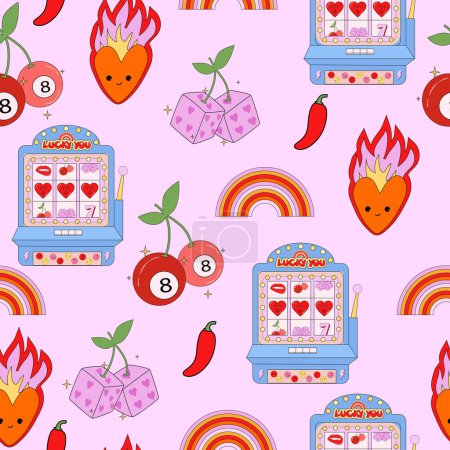Illustration for Retro nostalgic seamless pattern with slot machine, cherry, heart on fire, dice, pepper, rainbow. Lucky you texture. Editable vector illustration. - Royalty Free Image