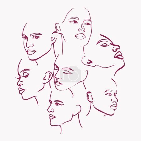 Téléchargez les illustrations : Collection de visages de femme line art. Illustration vectorielle modifiable. - en licence libre de droit