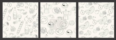 Téléchargez les illustrations : Collection of seamless pattern with art line food and drink elements. Editable vector illustration. - en licence libre de droit