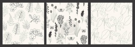 Illustration for Collection of seamless pattern with flowers and herbs. Botanical texture. Editable vector illustration. - Royalty Free Image