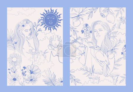 Illustration for Collection of nature posters with beautiful woman Nymphs and wild animals and plants. Art line illustration. Editable vector illustration - Royalty Free Image