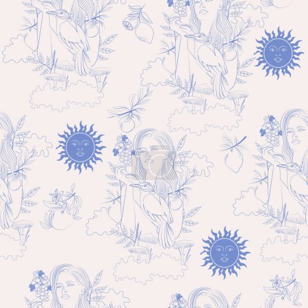 Illustration for Seamless pattern with Beautiful woman surrounded by plants and animals. Nymphs in the forest. Nature, flowers and animals. Editable vector illustration - Royalty Free Image