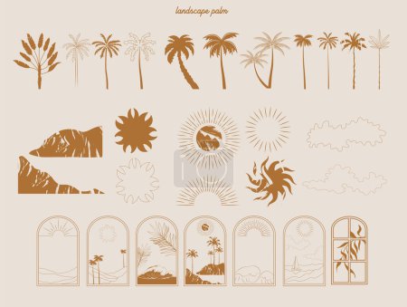 Illustration for Collection of Summer Boho linear symbols, icons design. Sun, palm tree, landscape. Editable Vector Illustration. - Royalty Free Image