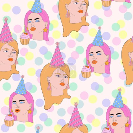 Illustration for Retro nostalgic seamless pattern with party girls and confetti. Trendy pop art texture. Editable vector illustration. - Royalty Free Image