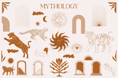 Illustration for Collection of mythology elements. Wild animals, arch, abstract elements, moon and sun. Mystical collection. Editable vector illustration. - Royalty Free Image