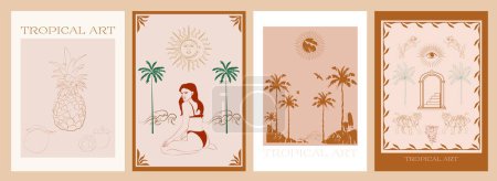 Illustration for Collection of Retro Tropical posters. Summer Poster template with exotic plant, flowers, fruits and woman face and body. Interior posters set. Inspiration posters. Editable vector illustration. - Royalty Free Image