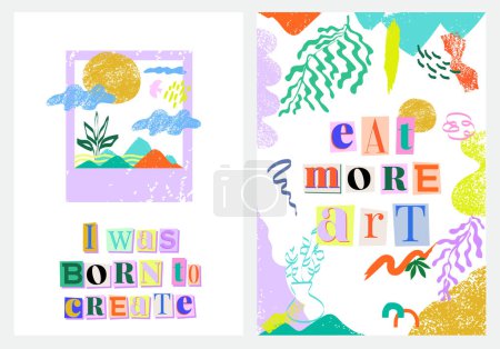 Illustration for Poster template with various shapes and doodle objects and inpiration quotes from cut out paper letters. Abstract contemporary modern trendy cards. Editable vector illustration - Royalty Free Image