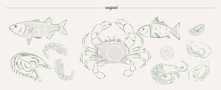 Téléchargez les illustrations : Collection d'illustration de fruits de mer dans le style croquis. Illustration vectorielle modifiable. - en licence libre de droit
