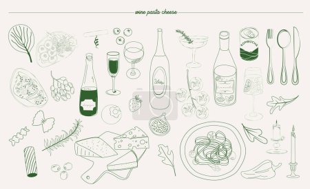 Illustration for Ollection of cheese and wine illustration in sketch style. Editable vector illustration. - Royalty Free Image