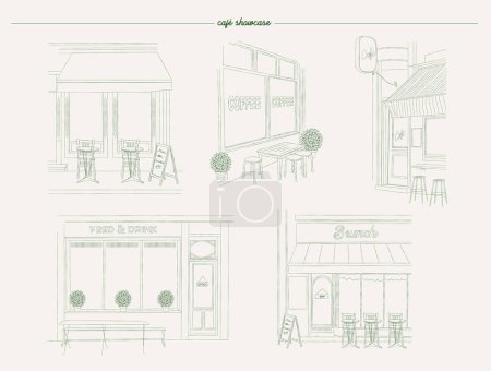 Illustration for Ollection of cafe windows in sketch style. Editable vector illustration. - Royalty Free Image